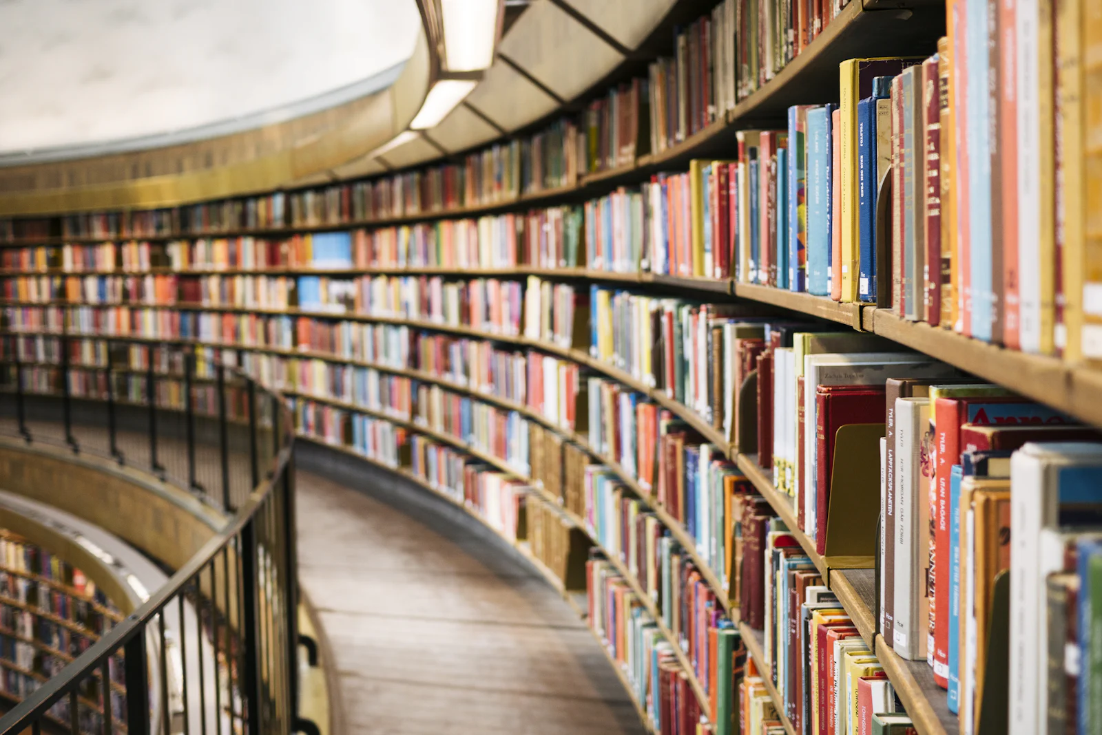 Curved library shelves filled with books